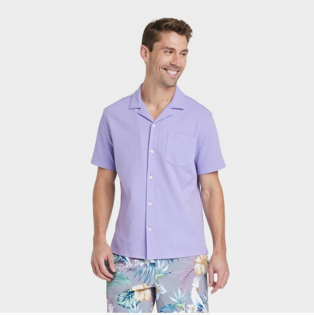 Men's Short Sleeve V-Neck Button-Down Shirt - Goodfellow & Co Plum Purple XXL